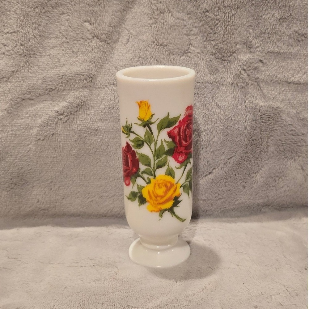 Vintage Avon Milk Glass With Red And Yellow Rose Design Footed Demitasse Cup 5"
